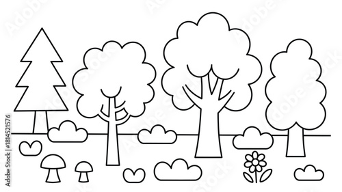 Simple outlined forest scene with trees mushrooms and flower illustration