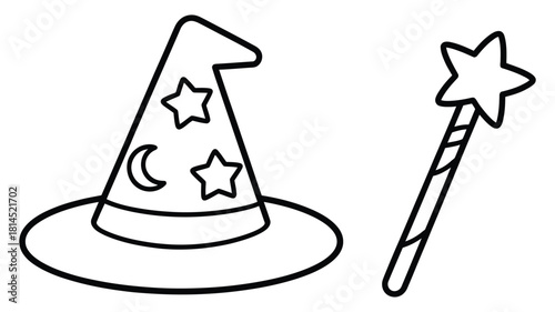 Wizard Hat and Star Wand Black and White Outline Illustration