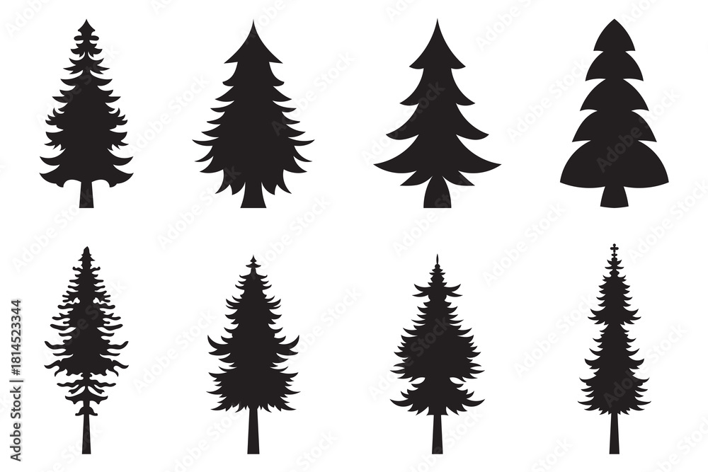 Obraz premium Christmas Tree Silhouette Vector. Various Tree Shapes and Holiday Decoration Graphics