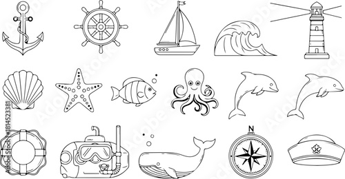 Nautical adventures await with this charming collection of marine elements, perfect for crafting and design, bringing the ocean's spirit to your projects