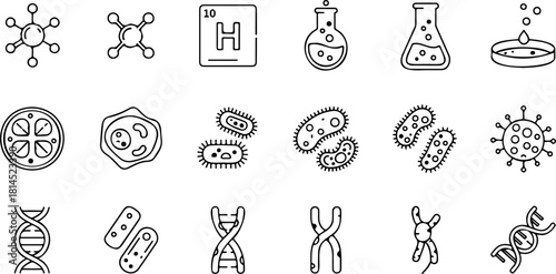 Science icons set with molecules, dna strand, flasks, petri dish, cells, and bacteria perfect for scientific research, medicine, and education materials