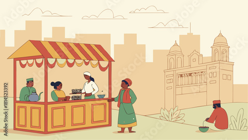 Modern fast-paced youth lifestyle contrasted with elders recalling slow peaceful past, friends meet in street-side tea shop