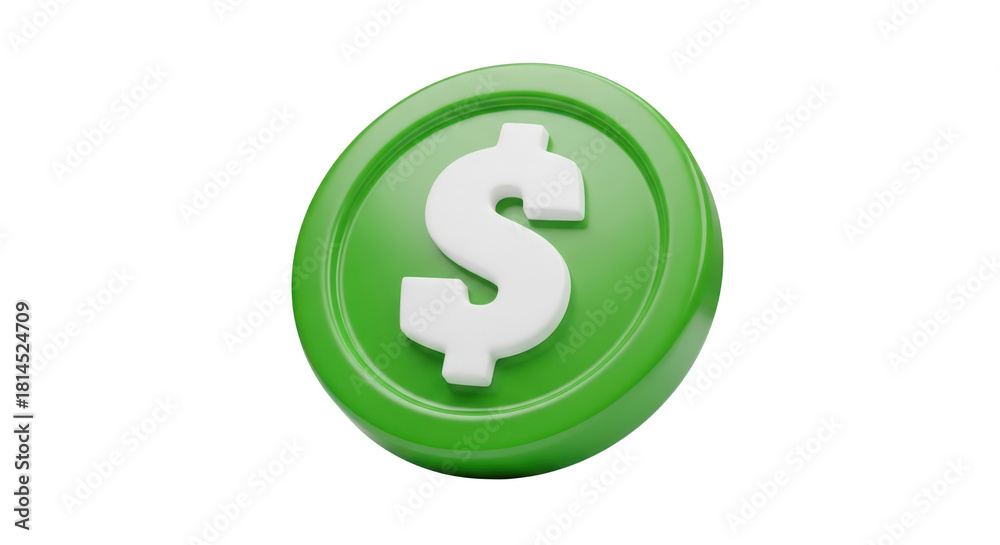 Fototapeta premium Green dollar coin symbol isolated on transparent background