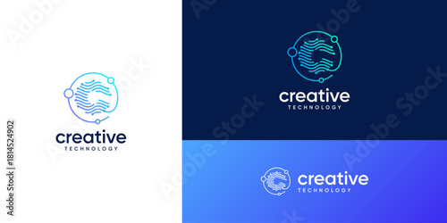 Abstract letter C logos with wave dots and lines connected ideas. Global network tech sphere design concept. Creative vector illustration based icons template.