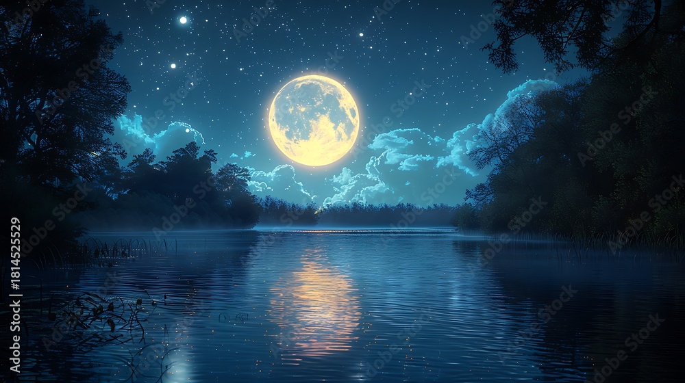 Naklejka premium Enchanting full moon over a serene lake at night