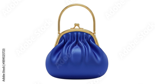 Elegant blue satin kiss clasp evening bag isolated on transparent background