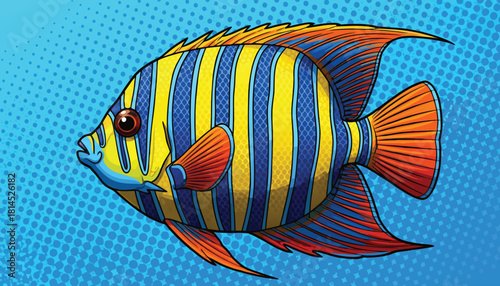 Vector artwork of vibrant marine life featuring yellow and dark blue striped fish with orange fins