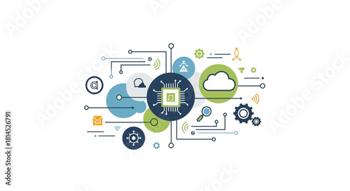 Modern technology network illustration with cloud computing and data analysis, perfect for a tech startup or innovative digital business concept now