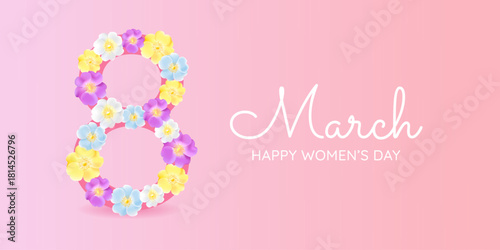 Banner Happy 8th of March. On a soft pink background the figure 8 is decorated with colorful flowers.