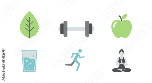Embrace a healthy lifestyle with these vector icons showcasing fitness, mindful meditation, nutritious food, and refreshing hydration for overall well-being