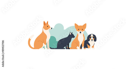 Adorable pet friends together: Two cute dogs, a sleek cat, and a playful puppy, perfect for family, veterinary, or pet store promotions, with a scalable vector design