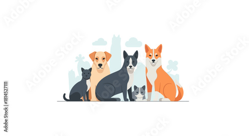 Adorable cartoon pets including dogs and cats sitting together peacefully, perfect for pet-related websites, social media, or educational materials