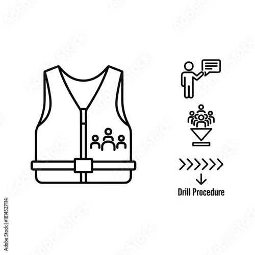 A life vest and safety drill icons, emphasizing emergency preparedness on a cruise isolated on