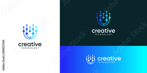 Minimalist letter U digital data logo design ideas. Vector of technology network connection system icons symbols.