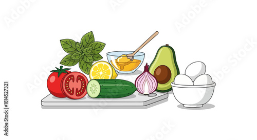 Fresh ingredients for a healthy recipe create a delicious salad or breakfast, featuring avocado, eggs, lemon, tomato, cucumber, basil and honey