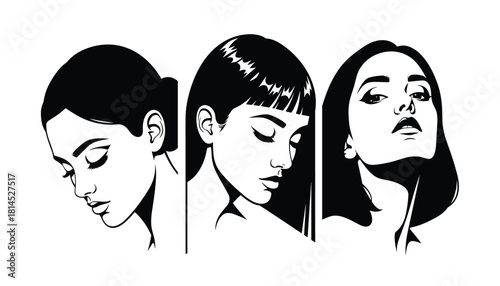 Stylized female portrait vector illustration with varied hairstyles and expressive head positions in black and white