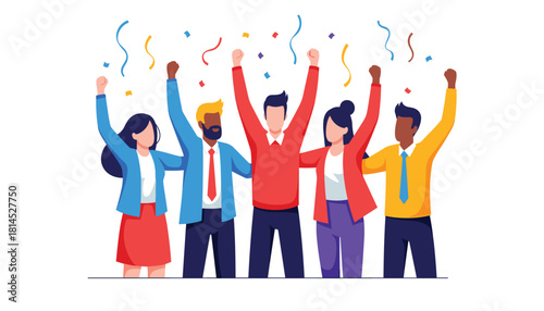 Vector artwork of joyful group expressing unity and success with colorful clothing and festive energy