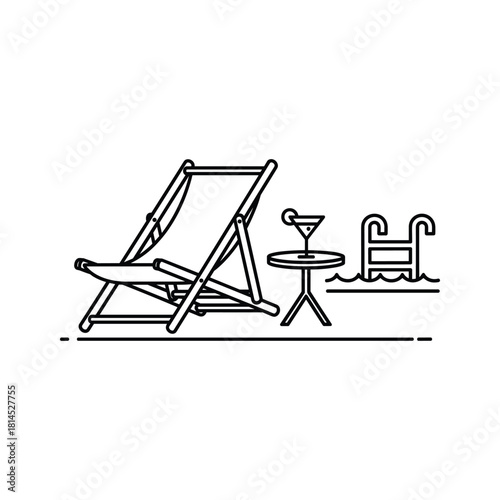 Minimalist line art illustration of a relaxing poolside scene isolated on