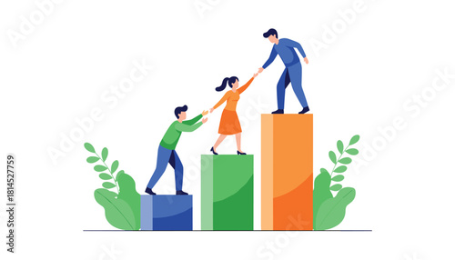 Teamwork and mentorship vector illustration with individuals supporting each other on rising bar columns