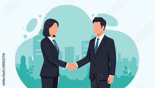 Business partnership vector illustration with handshake and stylized cityscape in professional setting