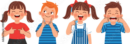 Cartoon children making funny faces and gestures, happy kids showing emotions like shy, thinking, silly, and playful, vector character set isolated on white background