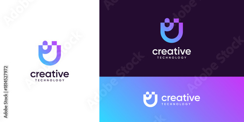 Minimalist letter U digital data logo design ideas. Vector of technology network connection system icons symbols.