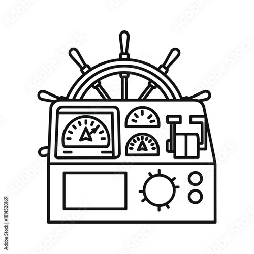 Icon of a ship control panel with steering wheel and gauges isolated on