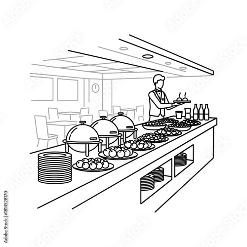 A buffet line with chafing dishes, plates, and a server isolated on