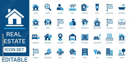 Real estate icon set. featuring property, house, home, key, rent, sale, mortgage, smart home, blueprint, building, location and more. Perfect for real estate apps, websites, and marketing.