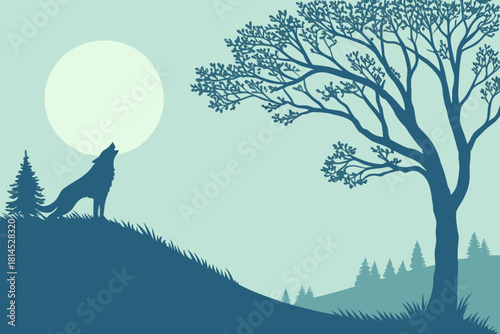 Wolf Howling at Moon Silhouette Art Print | Blue Nature Decor