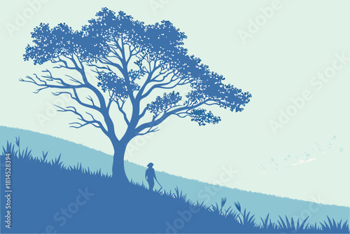 Lone Wanderer Landscape Print | Blue Nature Silhouette Art