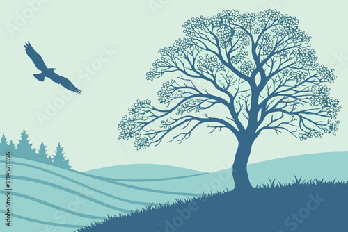 Tranquil Blue Landscape Art | Countryside Forest Print