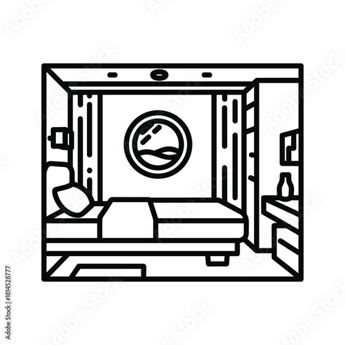 Cruise cabin isolated on interior of a ship room with bed and porthole window
