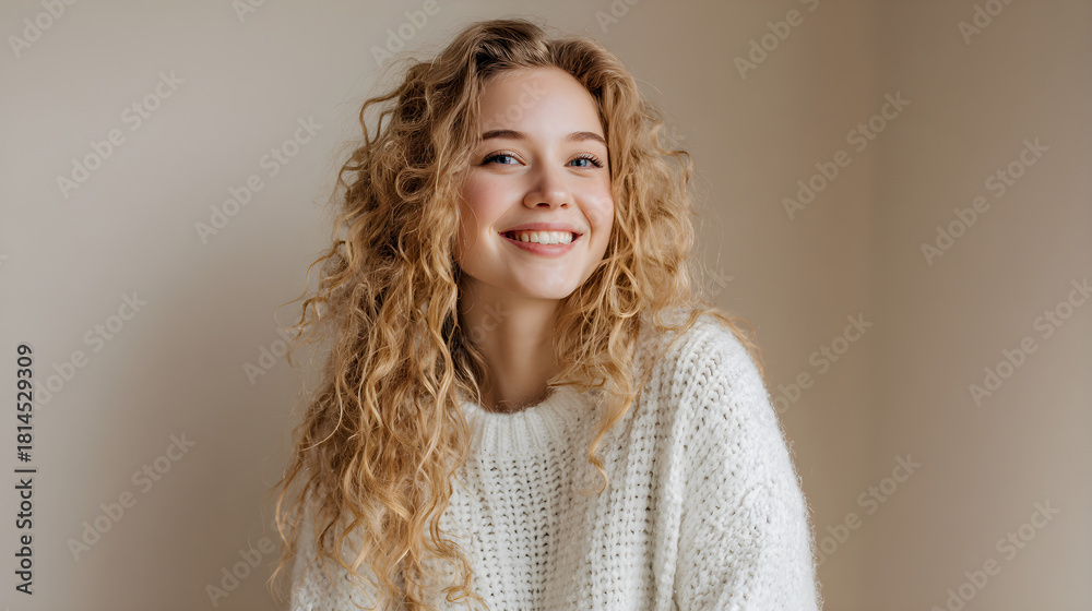 Obraz premium Young woman with natural curly blonde hair smiling