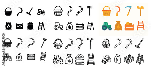 Agriculture icons set: basket, tractor, tools