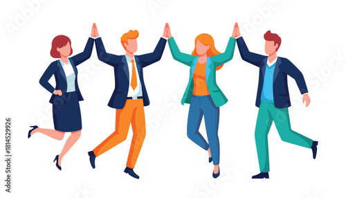 Vector artwork of corporate success featuring diverse team members in energetic high-five pose