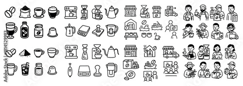 Coffee icons collection featuring tools and people