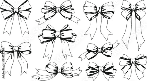 Various hand drawn outline bows in black and white suitable for decoration and celebration
