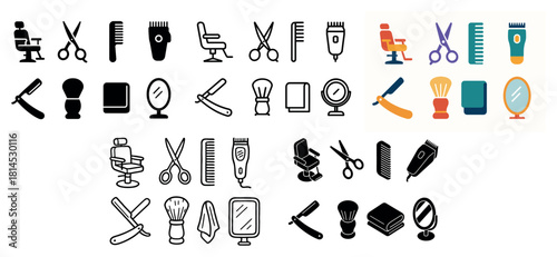 Barber shop icons: scissors, razors, chairs, mirrors