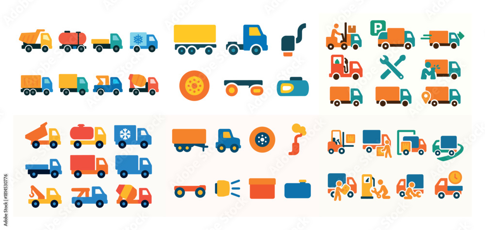 Fototapeta premium Colorful utility vehicle icons set