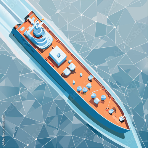 Aerial view of a luxury yacht sailing on icy water