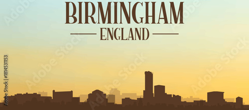 Panoramic poster of the city skyline with misty background buildings, hills sunrise, sunset and clouds of BIRMINGHAM, UNITED KINGDOM