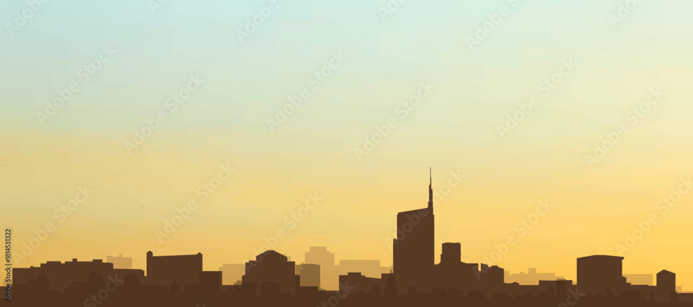 Fototapeta premium Panoramic poster of the city skyline with misty background buildings, hills sunrise, sunset and clouds of MILAN, ITALY