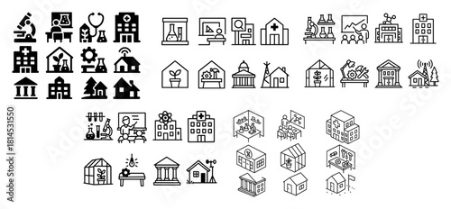 Diverse icon set of buildings and technology