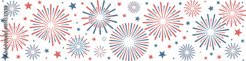 Red, White, and Blue Fireworks Celebration Background Pattern with Stars and Exploding Bursts for Patriotic American Holiday Banners