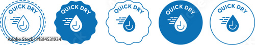 Quick Dry Product Feature Labels Vector Set with Water Drop Icon and Blue Colors for Performance Fabric and Material Labeling