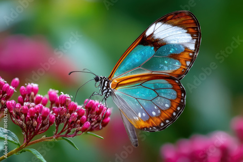 Colorful butterfly resting on vibrant pink flowers in a lush garden setting