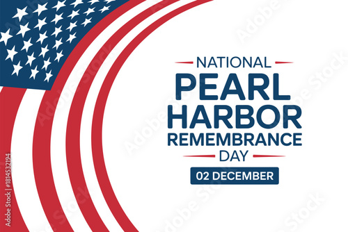 National Pearl Harbor Remembrance Day Banner with Waving American Flag Stripes and December 7 Date on White Background