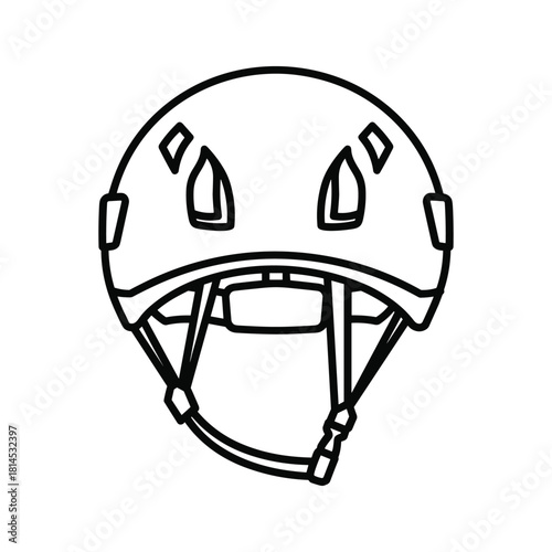 Outline drawing of a climbing helmet with ventilation holes and chin strap, isolated on
