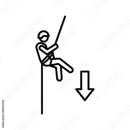 Simple line icon of a person rappelling down a vertical surface with a downward arrow indicating direction, isolated on